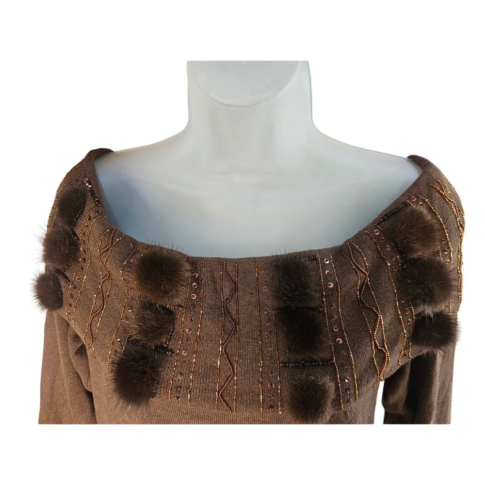 Escada Vintage Brown Faux Mink Knit Sweater Sz 8/10 Beaded Sequin Cowl Neck - Picture 5 of 6